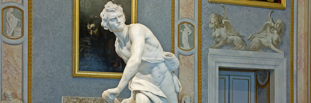 Deze afbeelding heeft een leeg alt-attribuut; de bestandsnaam is David_by_Bernini_1623-1624_Villa_Borghese_Rome-e1663655189771-1024x341.jpg
Bernini, David, 1623-1624, Vila Borghese Rome (detail)